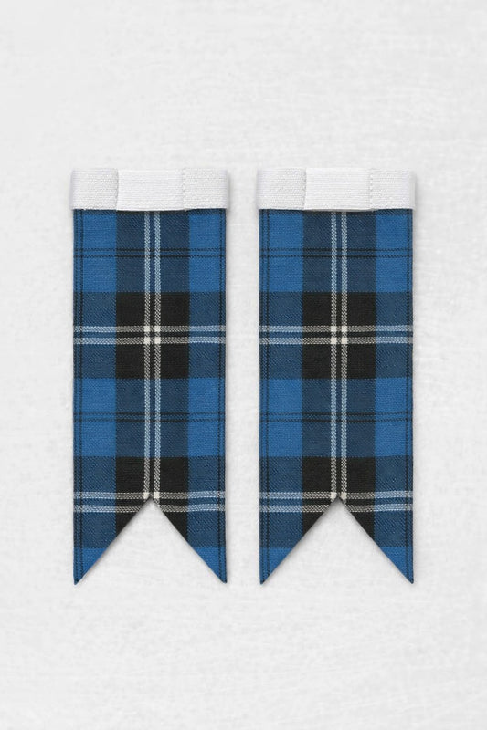 Ramsay Blue tartan flashes worn with traditional Scottish kilt hose for Highland dress