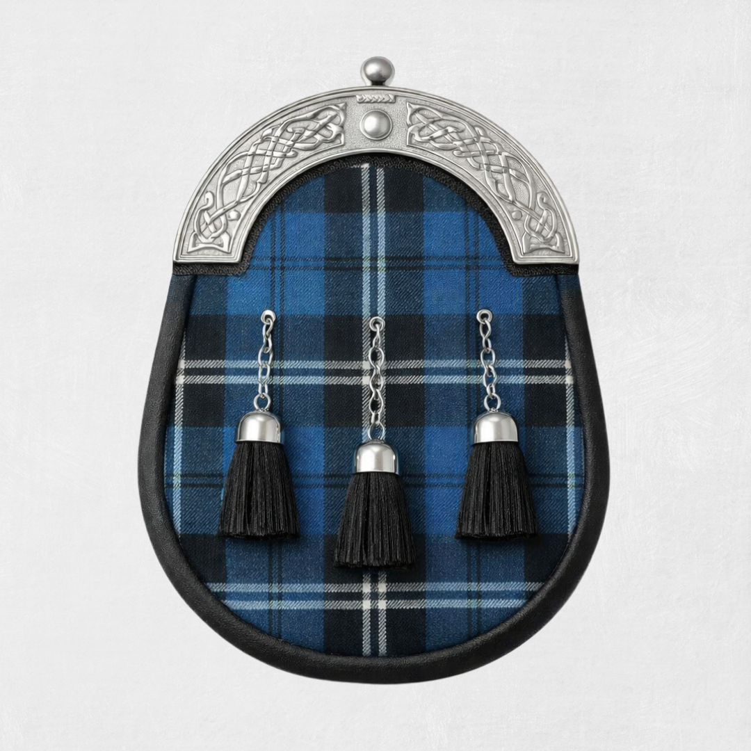 Ramsay Blue tartan sporran with leather backing and traditional tassels for Scottish kilt outfits