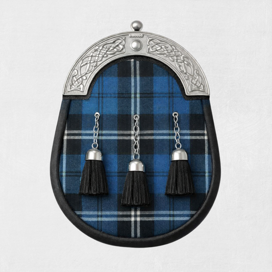 Ramsay Blue tartan sporran with leather backing and traditional tassels for Scottish kilt outfits