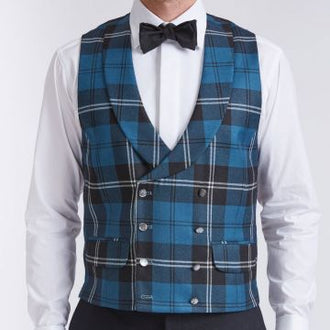 Ramsey Blue tartan double breasted waistcoat with lapel worn with kilt outfit