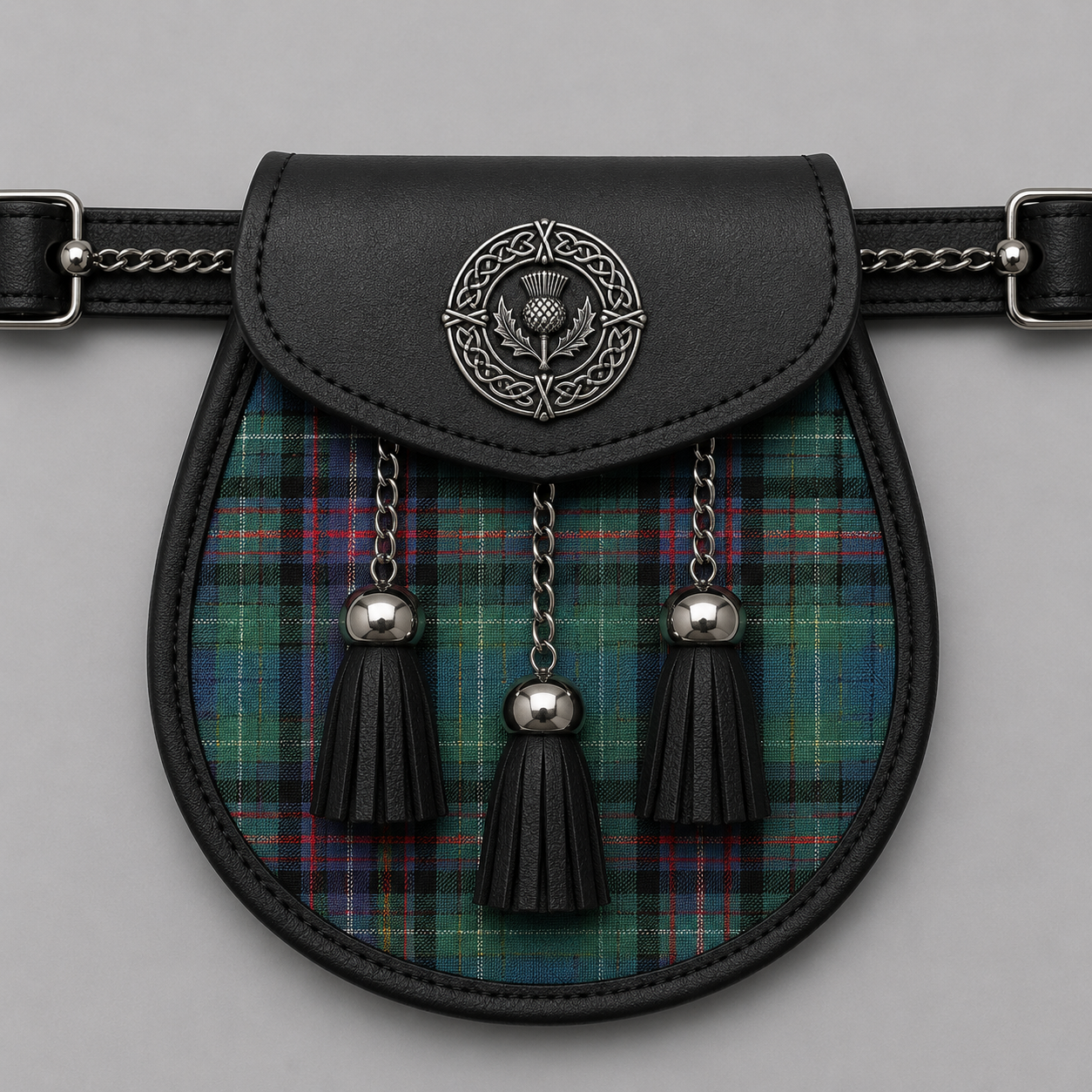 Rankin Ancient tartan sporran displayed with traditional Scottish Highland kilt attire for formal and cultural events