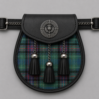 Rankin Ancient tartan sporran displayed with traditional Scottish Highland kilt attire for formal and cultural events
