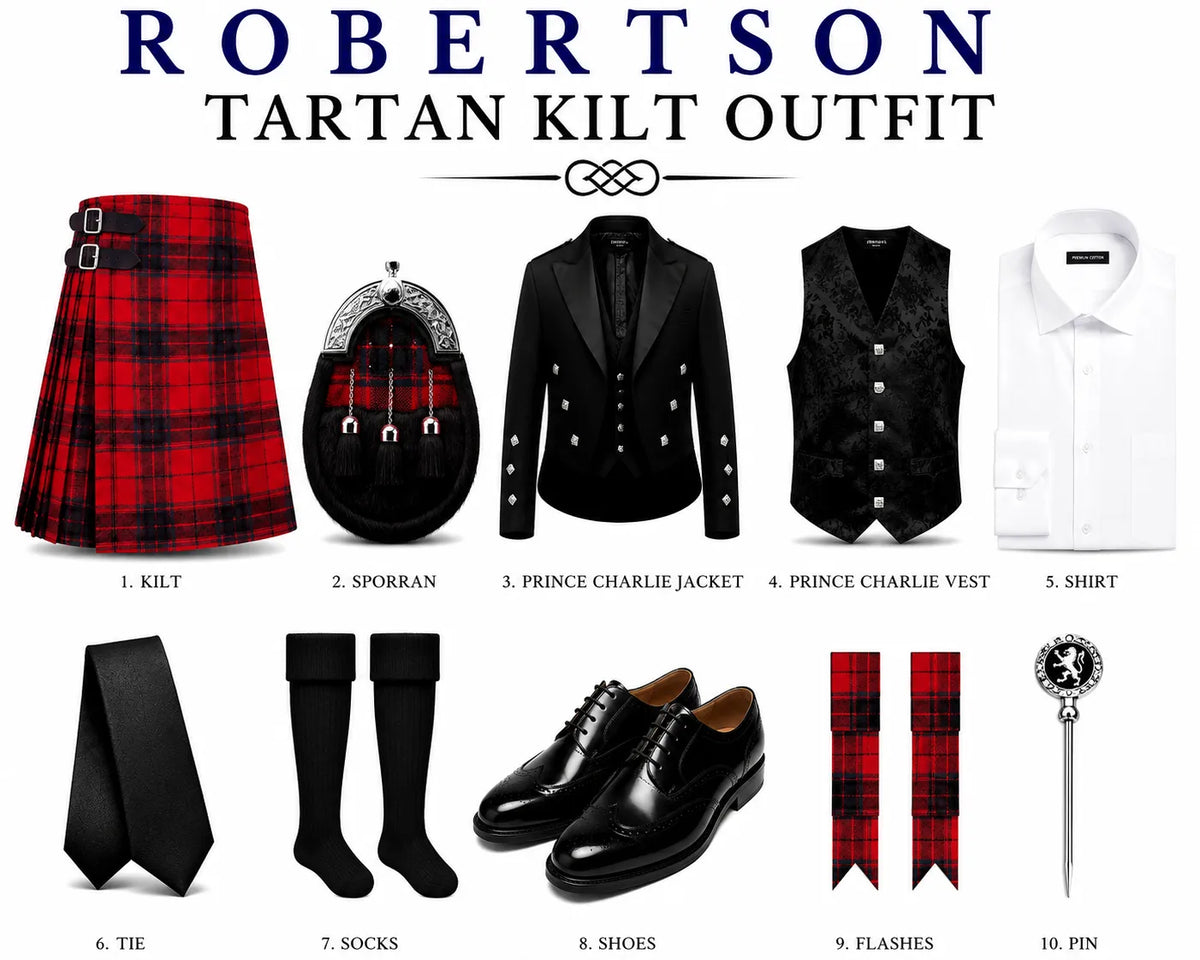 A product display sheet for a 'Robertson Tartan Kilt Outfit' showing 10 components: a red and black tartan kilt, sporran, jacket, vest, white shirt, ties, socks, shoes, and a pin, all labeled with numbers underneath on a white background.
