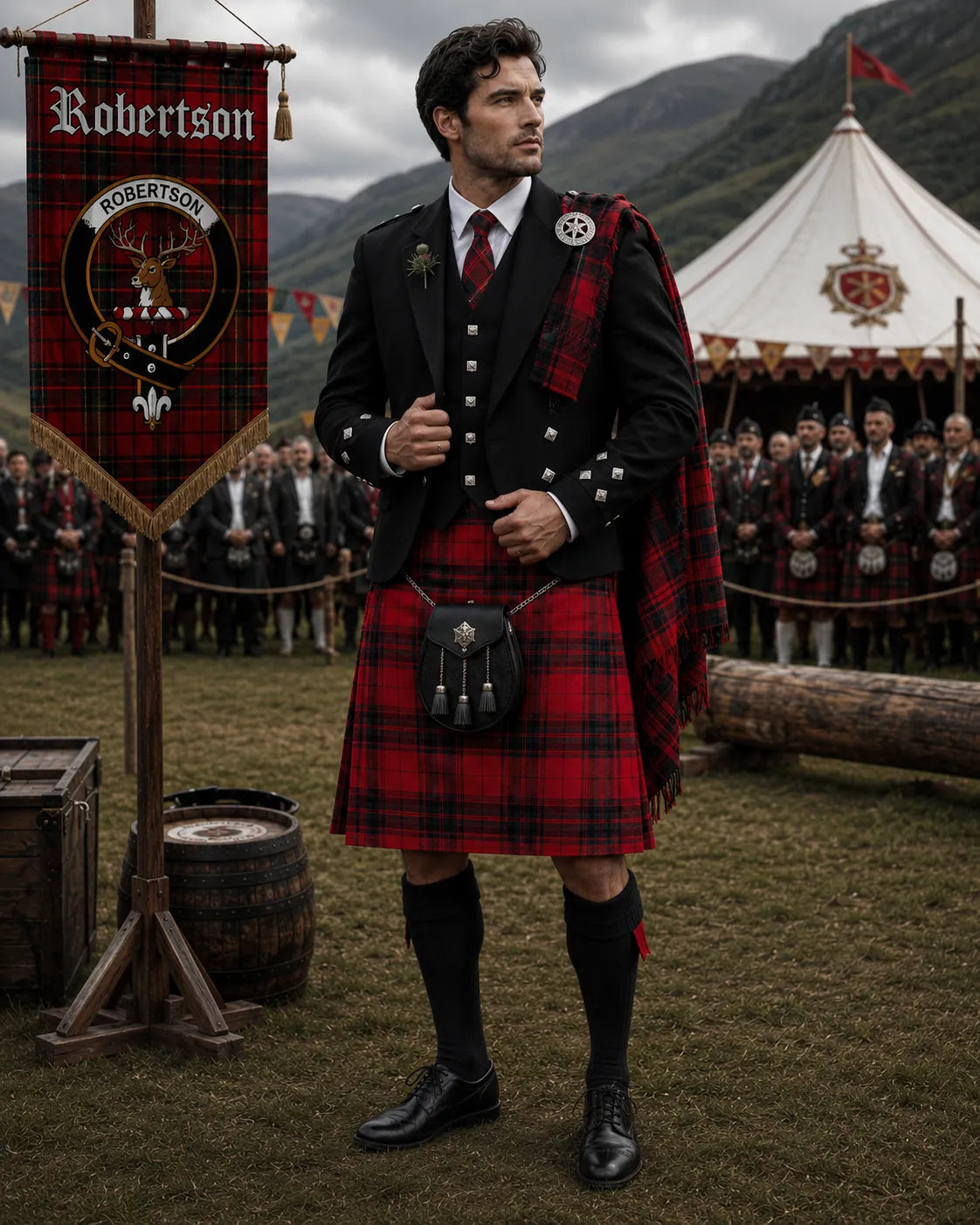 Robertson Tartan Outfit With Prince Charlie Jacket featuring a traditional Scottish kilt and formal Highland accessories