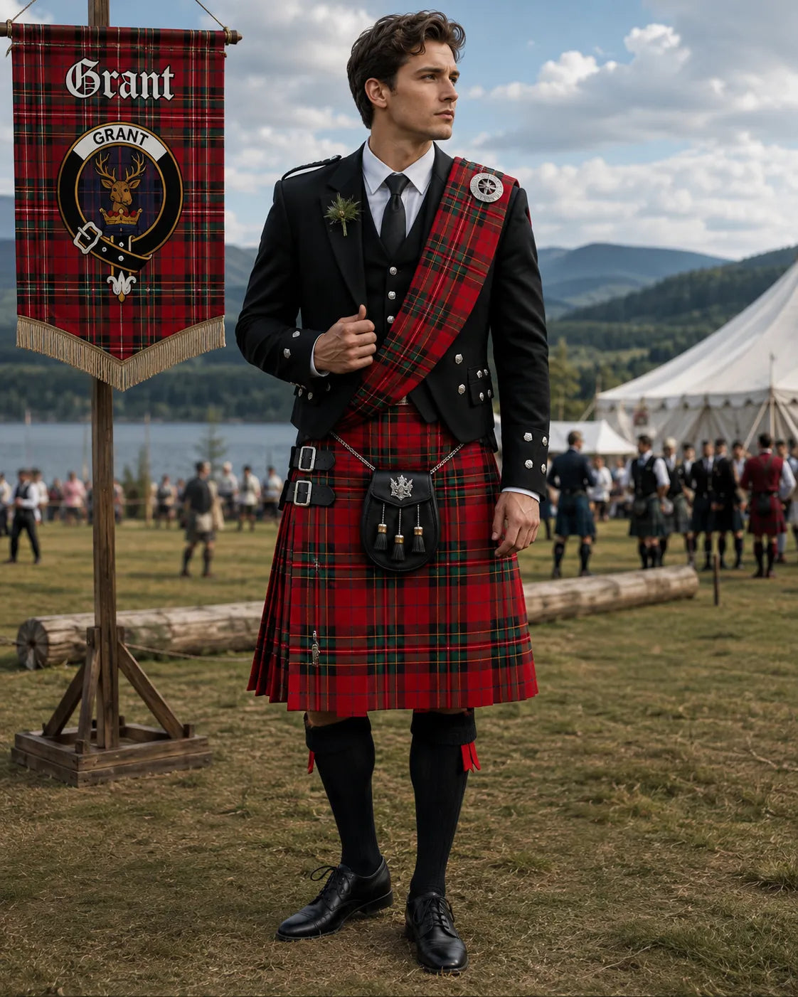 Ross Tartan Outfit With Prince Charlie Jacket featuring a traditional Scottish kilt and formal Highland accessories