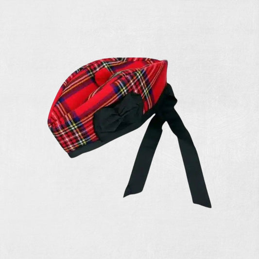 Front view of Royal Stewart Glengarry Hat featuring bright red tartan and classic design.