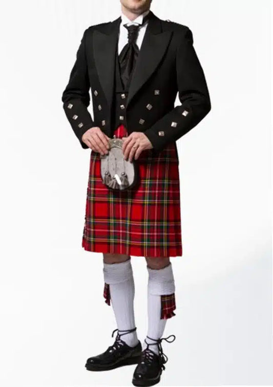 Front view of the Royal Stewart Tartan Kilt Outfit, showcasing the vibrant red, green, and yellow tartan pattern on the kilt, with a matching jacket and vest for a regal Scottish look.