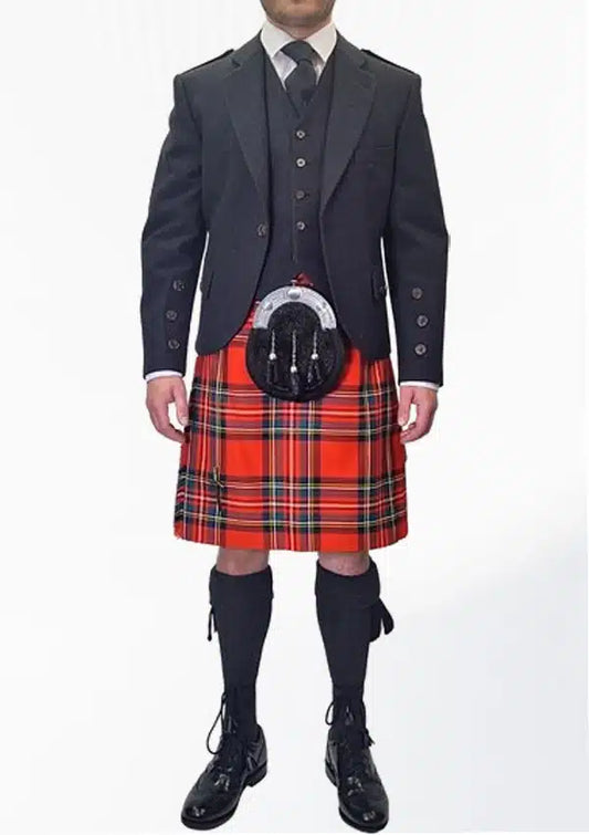 Front view of the Royal Stewart Tartan Wedding Kilt Outfit for Men, showcasing the vibrant red, green, and yellow tartan pattern on the kilt, with a matching jacket and vest for a refined wedding look.