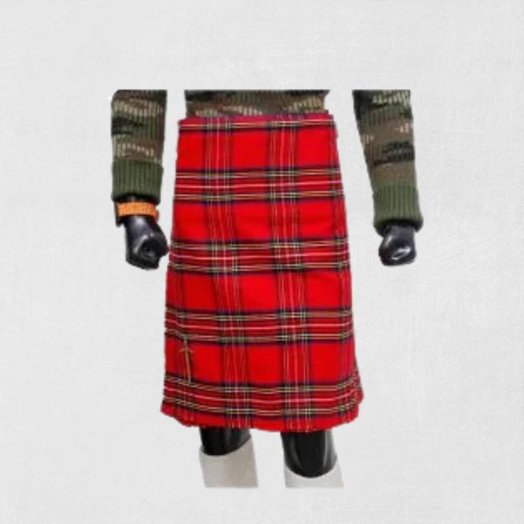 Royal Stewart tartan kilt in classic red with green and yellow overchecks
