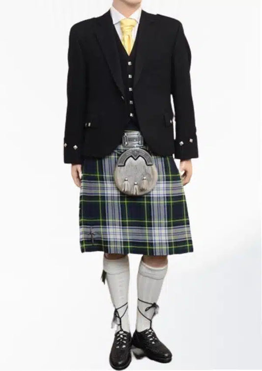 Front view of the Scottish Black Argyle Wedding Kilt Outfit, showcasing the stylish black argyle jacket, matching kilt, and vest for a refined and sophisticated wedding look.