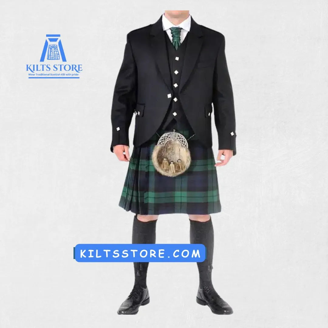 Front view of the Scottish Black Watch Kilt Outfit, showcasing the classic green and navy tartan pattern, complete with a matching jacket and vest for a distinguished look.