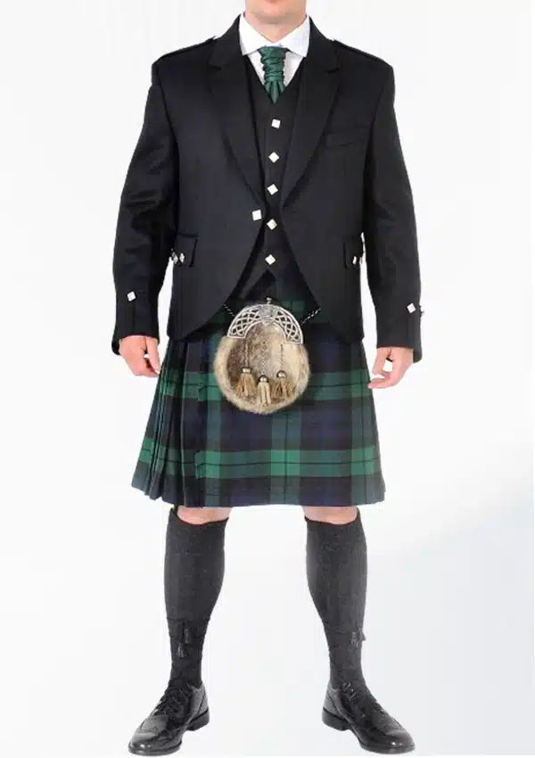 Front view of the Scottish Black Watch Kilt Outfit, showcasing the classic green and navy tartan pattern, complete with a matching jacket and vest for a distinguished look.