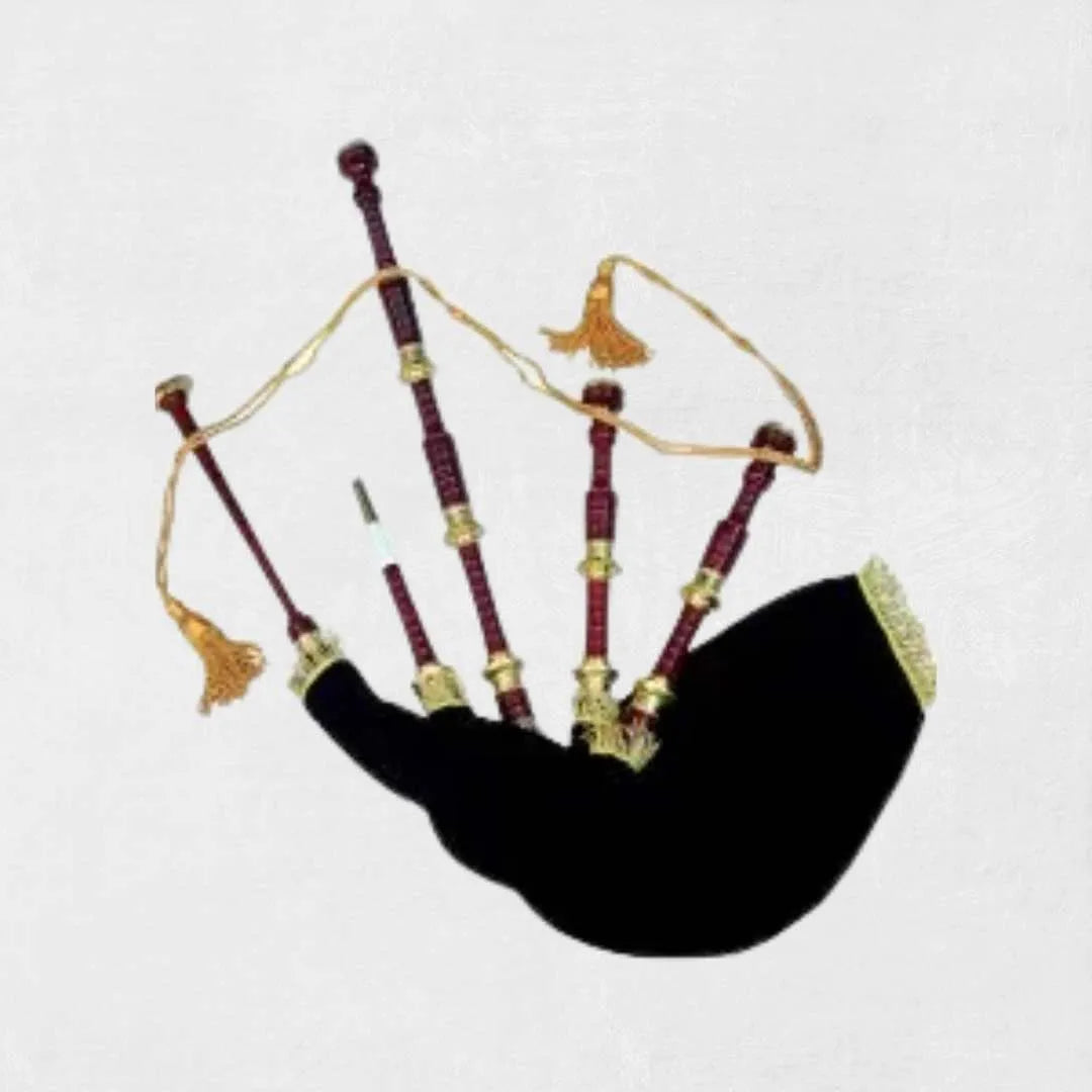 Scottish Great Highland bagpipes with golden engraved metal mounts