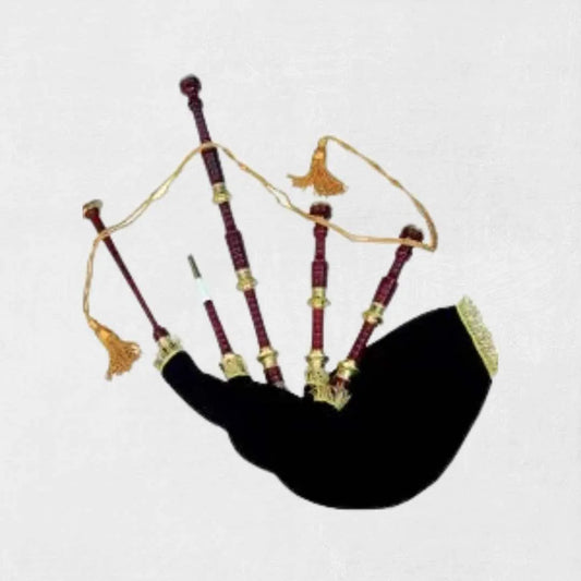 Scottish Great Highland bagpipes with golden engraved metal mounts