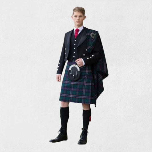 Scottish National tartan utility kilt outfit in blue, green, and black design
