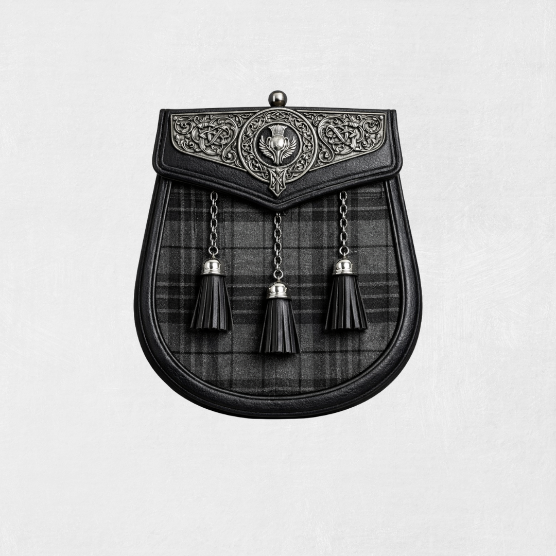 Scottish sporran with thistle emblem and tassels on a light gray background