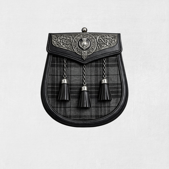 Scottish sporran with thistle emblem and tassels on a light gray background