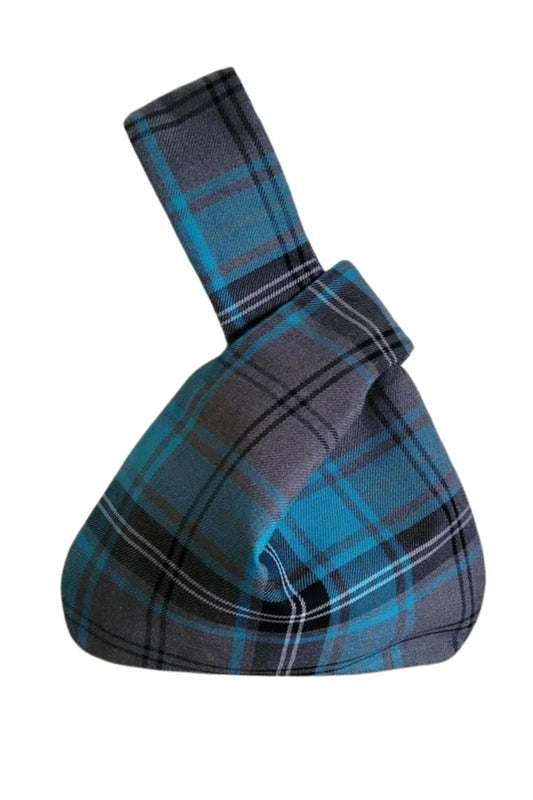 Scottish tartan Japanese knot bag with plaid pattern and loop handle design
