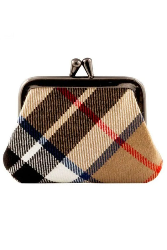 Scottish tartan coin purse with plaid pattern and secure zipper closure
