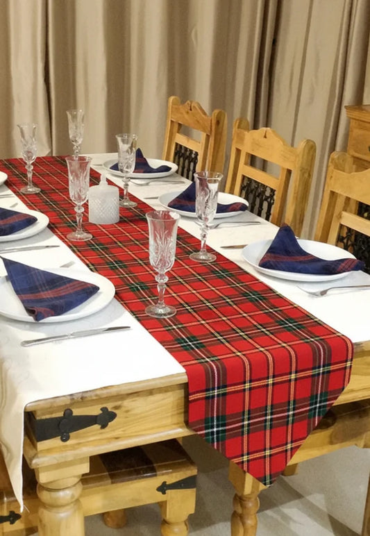 Scottish tartan table runner with classic plaid pattern for dining decor
