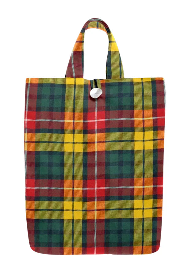 Scottish tartan tote bag with button closure and reinforced handles
