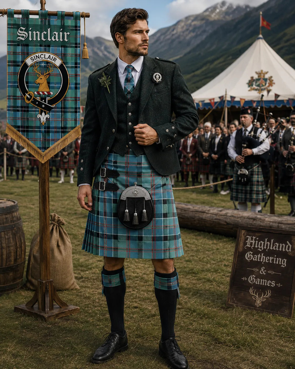Sinclair Tartan Outfit With Prince Charlie Jacket featuring a traditional Scottish kilt and formal Highland accessories