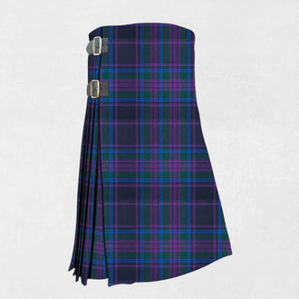 Spirit of Scotland tartan kilt in purple, navy, and green design