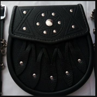 Brand New Celtic Design Black Leather Sporran with S-Chain Kilt & Belt Bagpipe
