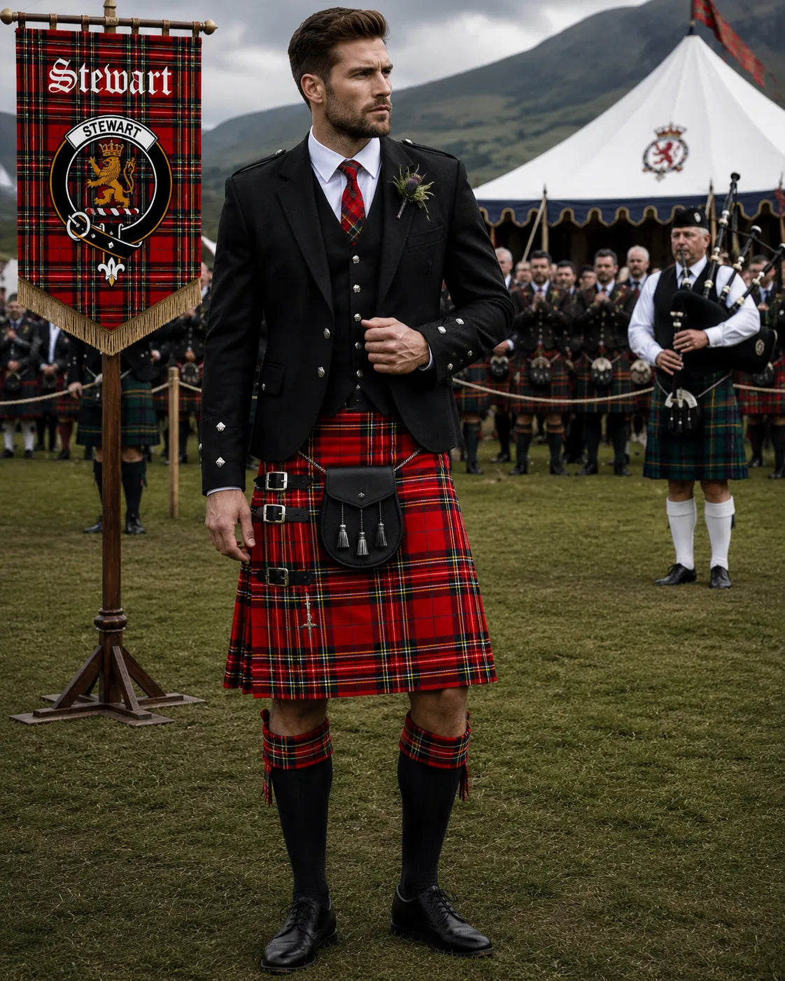 Stewart Tartan Outfit With Prince Charlie Jacket featuring a traditional Scottish kilt and formal Highland accessories