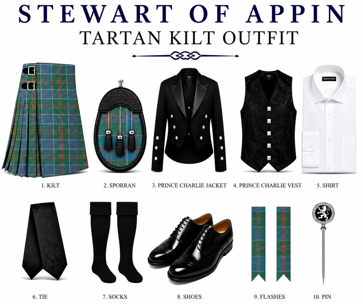 A product display sheet for a 'Stewart of Appin Tartan Kilt Outfit' showing 10 pieces of clothing and accessories arranged on a white background with labels. The set includes a tartan kilt, sporran, black jacket and vest, a white shirt, a black tie, black socks, black shoes, two tartan scarves, and a silver pin.
