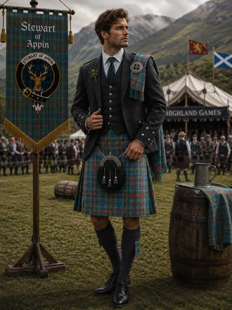Stewart of Appin Tartan Outfit With Prince Charlie Jacket featuring a traditional Scottish kilt and formal Highland accessories