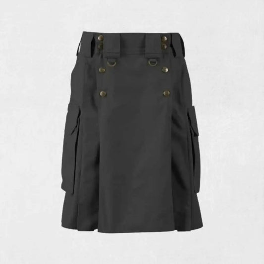 Black tactical duty utility kilt with cargo pockets and buckle straps