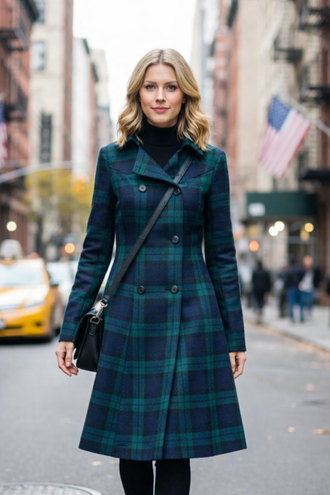 Tartan Kate Coat for women, knee-length stylish coat for office, casual, and evening wear
