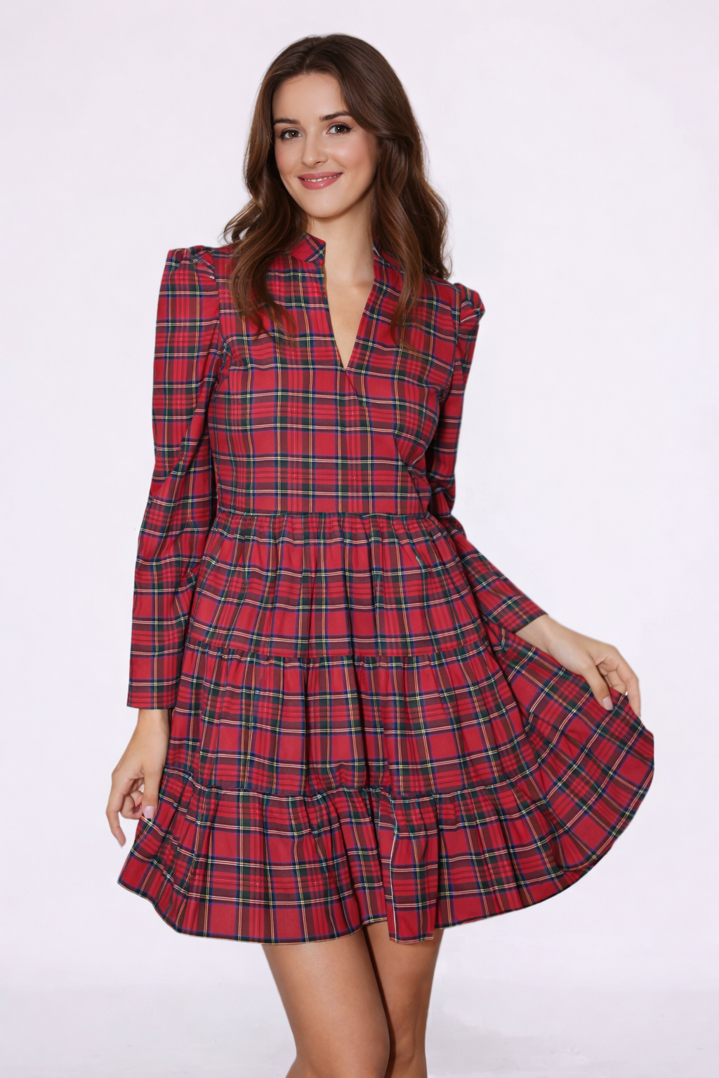 Tartan V-Neck Tunic Ruffle Dress for women, stylish casual and event wear