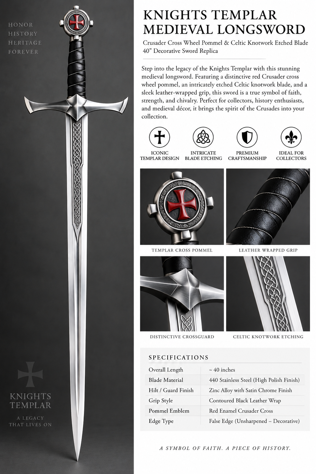 Knights Templar Medieval Longsword with Matching Scabbard