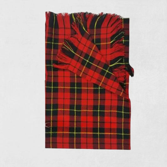 Wallace tartan fly plaid in red and black draped on shoulder with formal Highland dress