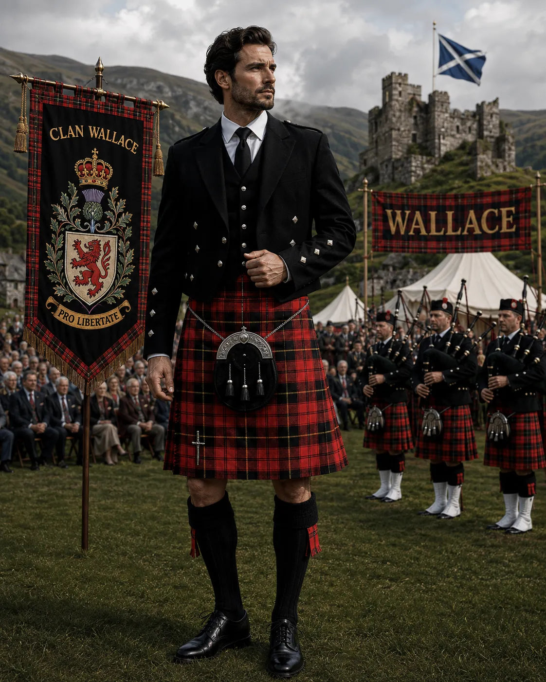 Wallace Tartan Outfit featuring a traditional Scottish kilt with coordinated Highland clothing and accessories