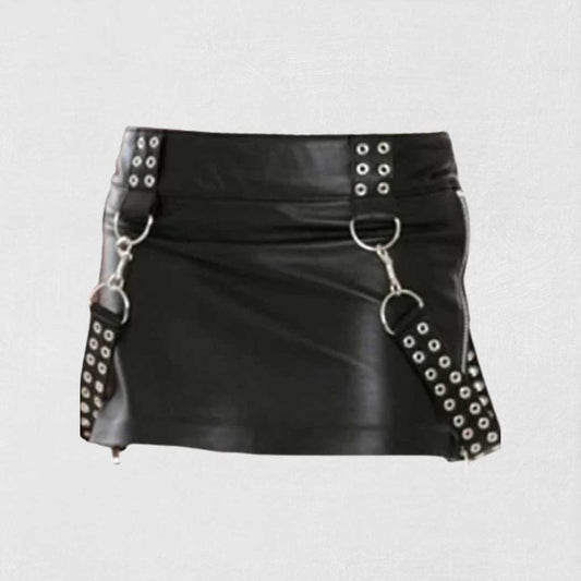 Women leather skirt in black handmade design with high-waist fit
