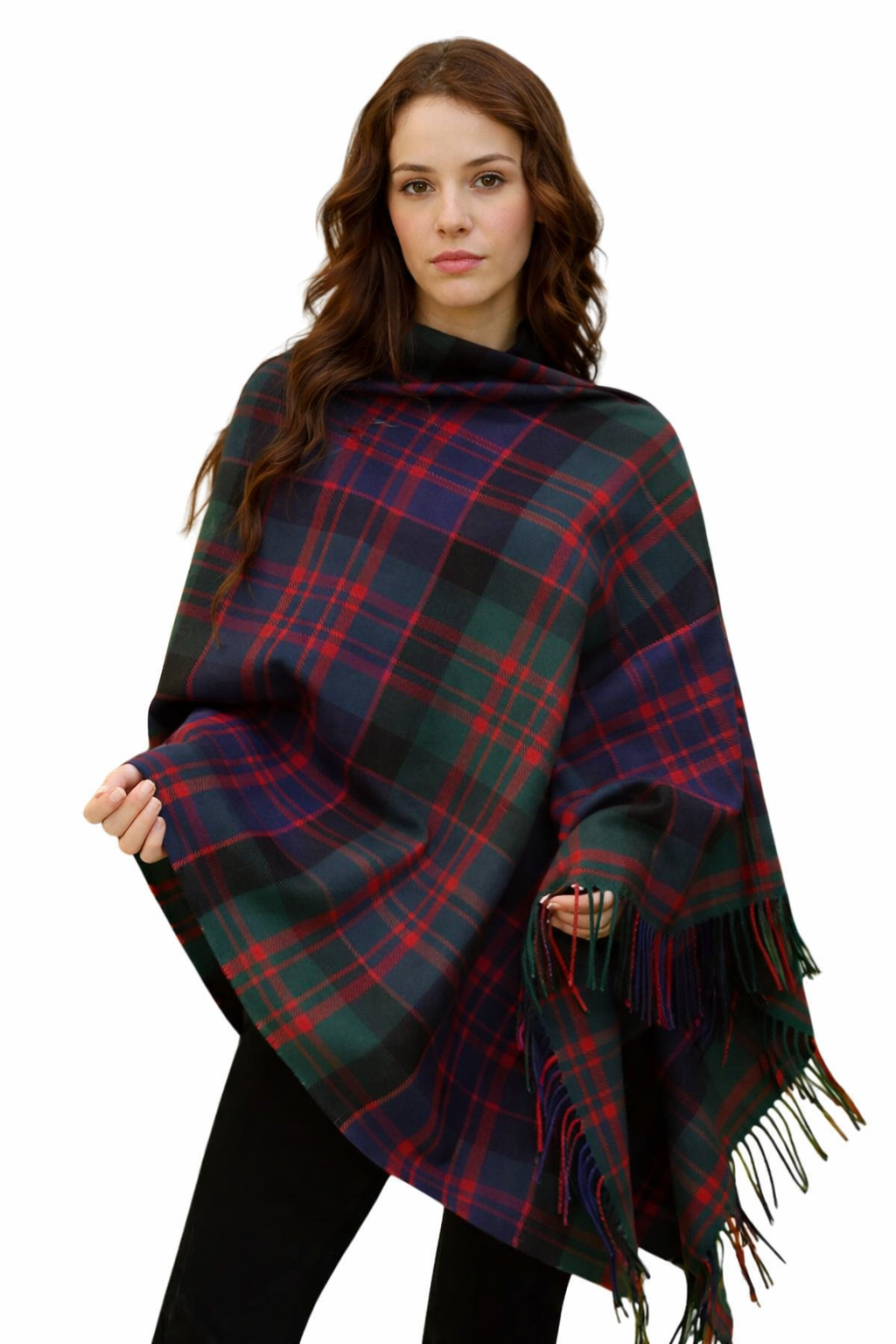 Women’s tartan poncho with relaxed fit and flowing design for casual, travel, or layering wear