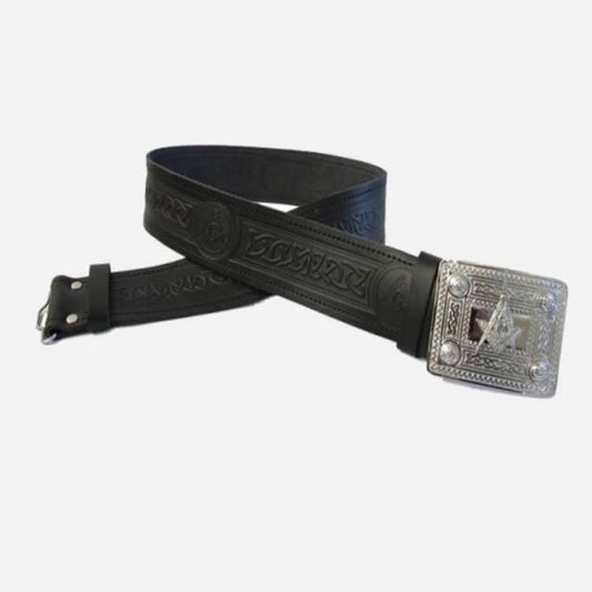 Black leather adjustable kilt belt with Celtic buckle design