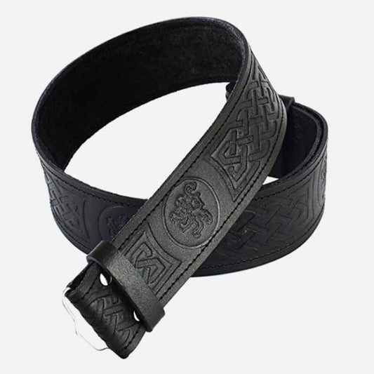 Black leather kilt belt with thistle embossed design for men