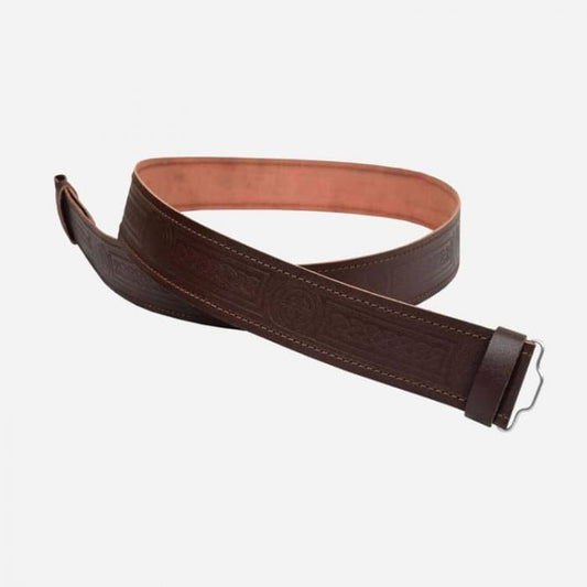 Brown Scottish leather kilt belt with Celtic buckle for men