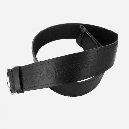 Celtic embossed leather kilt belt with traditional Scottish buckle