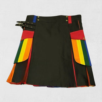Front view of the custom-made traditional Scottish rainbow kilt with vibrant, colorful tartan design.