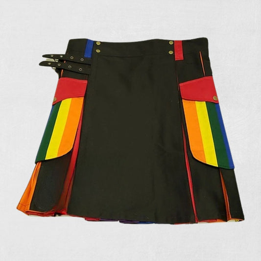 Front view of the custom-made traditional Scottish rainbow kilt with vibrant, colorful tartan design.
