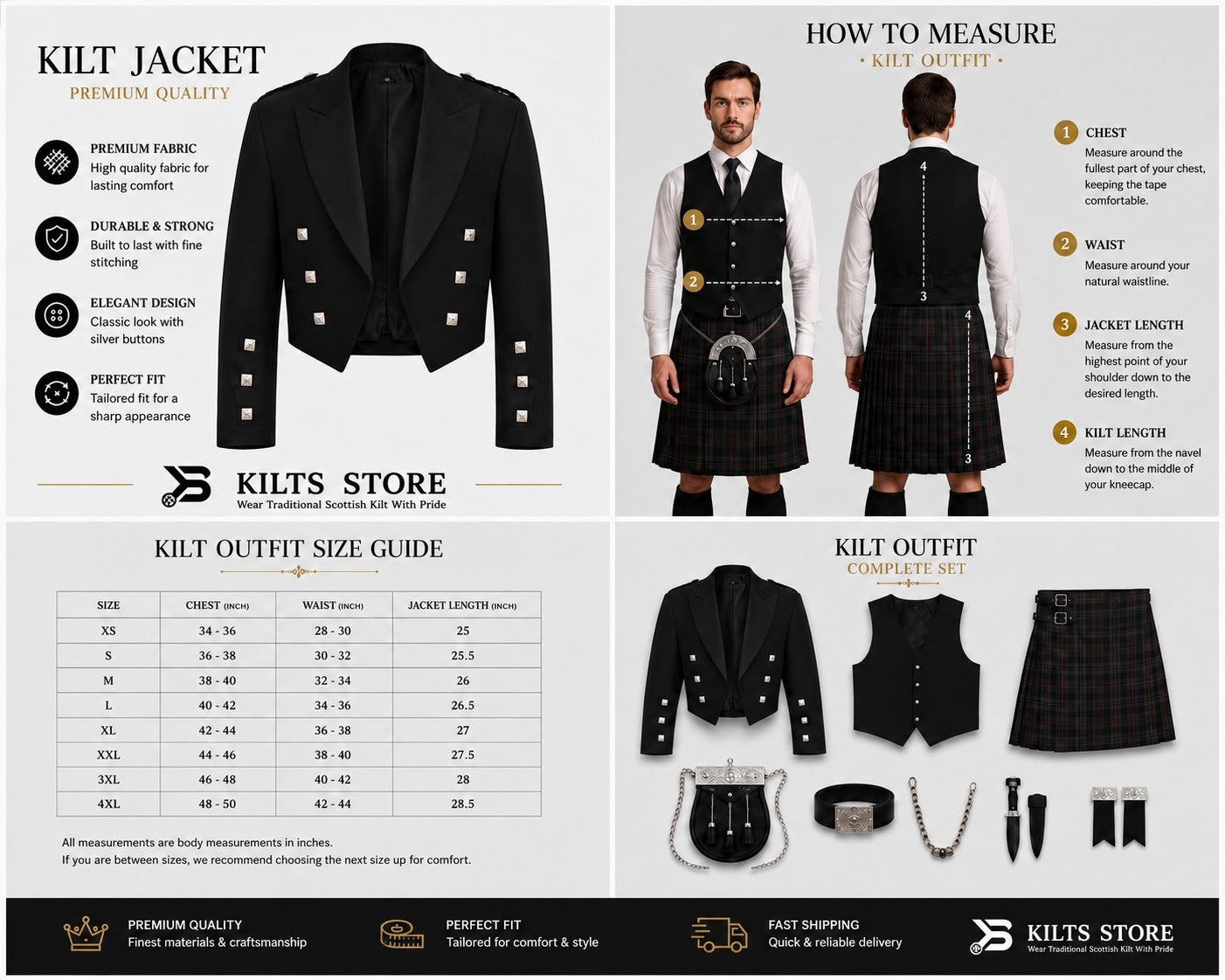 Kilt jacket and complete outfit measurement and size guide