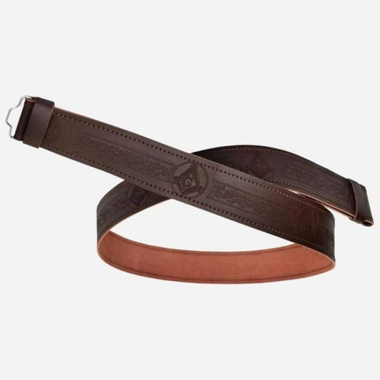 Embossed genuine leather brown kilt belt with Celtic buckle for men