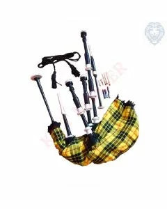 Rosewood MacLeod of Lewis bagpipes with tartan cover and nickel mounts
