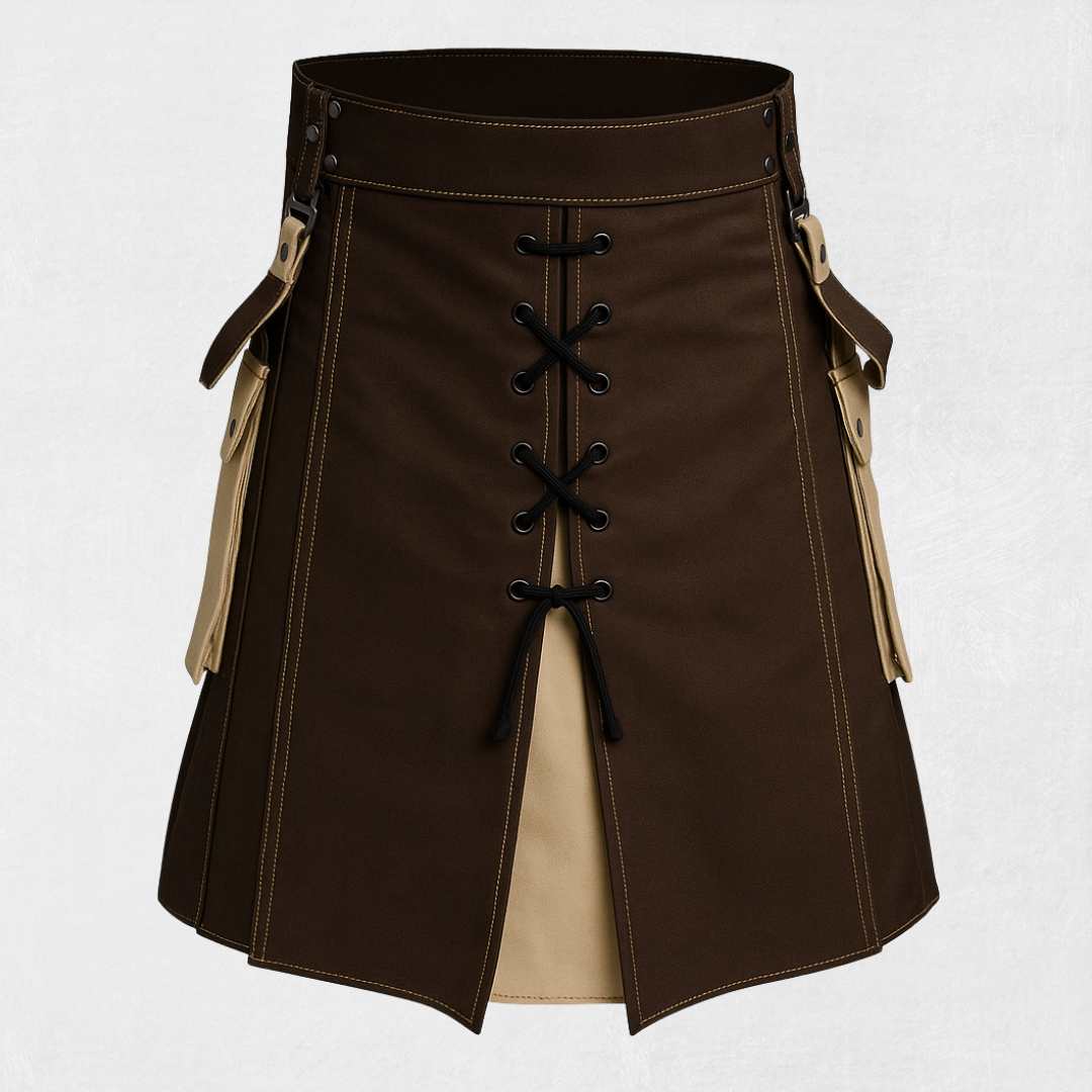 Handmade Dark Brown Hybrid Kilt with tartan pleats and utility pockets
